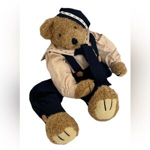 Old Fashion 25” Teddy Bear Linen Overalls Hat Tenderheart Treasures VTG 1998